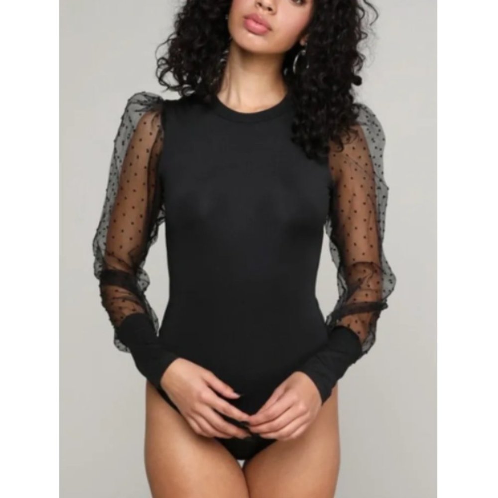 NWT Black Sheer Long Sleeve Crew Neck Thong Spotted Bodysuit